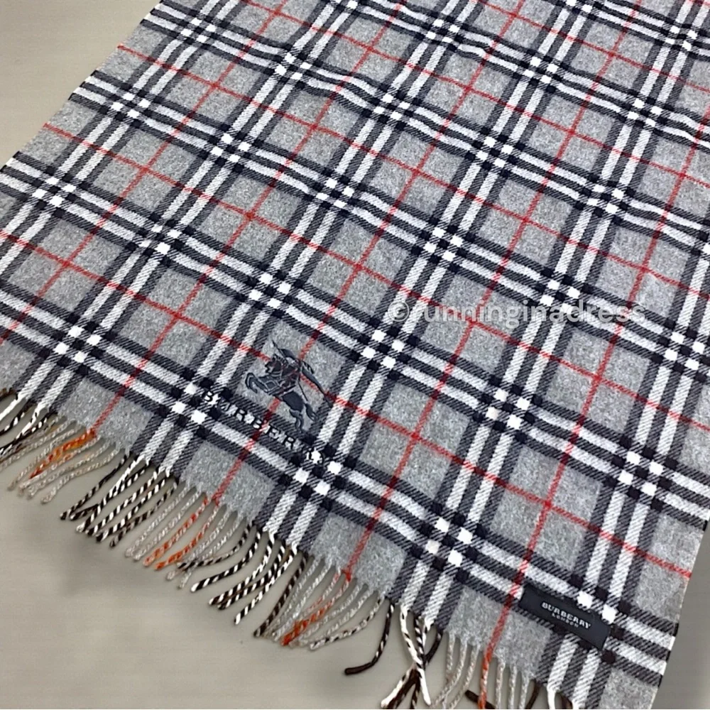 Vintage Burberry Nova Check Blanket Scarf Equestrian Knight Logo Grey Navy Blue